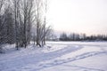 Winter landscape - white snow with traces of shoes and skis on the field. The ski track and road skirting the forest with bare tre