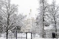 Winter landscape white stone temple. Day, Russia, Moscow, Drozhzhino Polygon. Royalty Free Stock Photo