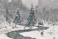 Winter landscape with a winding river and an inclined fir tree Royalty Free Stock Photo