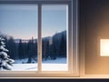 Winter landscape with window. Snow covered window. Generative AI