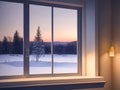 Winter landscape with window. Snow covered window. Generative AI