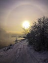 Halo Icebow or gloriole. winter landscape. winter snow day. the sun is a halo. halo. Royalty Free Stock Photo