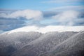 Winter landscape, wintry scene of frosty trees on snowy foggy background. Cold and snowy winter mountains. Royalty Free Stock Photo