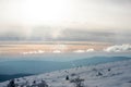 Winter landscape, wintry scene of frosty trees on snowy foggy background. Landscape with snowy forest with frozen trees Royalty Free Stock Photo