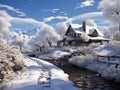 Winter landscape with a wooden house in the mountains. 3d render.
