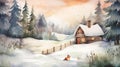 Winter landscape with a wooden house and a squirrel. Watercolor painting Royalty Free Stock Photo