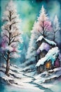 Winter landscape with a wooden house, trees and snow