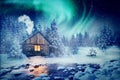 Winter landscape, wooden house under Northern Lights sky Royalty Free Stock Photo