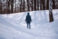 Winter landscape. Young Caucasian woman in warm clothes walk along snow-covered road in forest among tall trees, rear Royalty Free Stock Photo