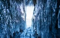 Winter Landscape, Frozen ice cave with bright sunlight from way out at lake Baikal in Irkutsk, Siberia, Russia Royalty Free Stock Photo