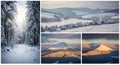 Winter landscapes featuring snow-covered forests, mountains, and a village. The left image shows a Royalty Free Stock Photo