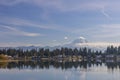 Winter landscapes on lake Tapps park with Mt rainier background.