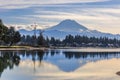 Winter landscapes on lake Tapps park with Mt rainier background.