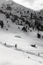 Winter Landscpae on Seiser Alm, Alpe di Siusi. Looking down to the Path cleared out in the Snow