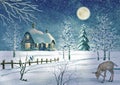 The Winter Landspace, Cottage in The show, Moonlight and Spotted fawn in the field, Winter Fantasy Illustration,background Royalty Free Stock Photo