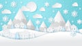Winter lanscape with house, snow, mountain and tree. Paper cut vector design Royalty Free Stock Photo