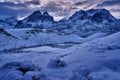 Winter lanscape from Patagonia moutains with snow. Lago Nordenskjold, Torres del Paine National Park, Chile. Twilight blue evening Royalty Free Stock Photo