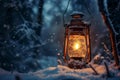 Winter lantern glow An old lantern gently illuminates a frosty forest Royalty Free Stock Photo