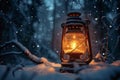 Winter lantern glow An old lantern gently illuminates a frosty forest