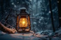 Winter lantern glow An old lantern gently illuminates a frosty forest