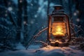 Winter lantern glow An old lantern gently illuminates a frosty forest