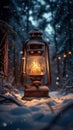 Winter lantern glow An old lantern gently illuminates a frosty forest