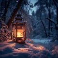 Winter lantern glow An old lantern gently illuminates a frosty forest