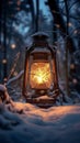 Winter lantern glow An old lantern gently illuminates a frosty forest Royalty Free Stock Photo