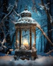 Winter lantern in the snow, now falling outside, candlelight lamp, generative ai