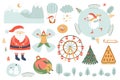 Winter leisure. Winter activities elements. Christmas outdoor funs. Clipart. People sliding, ice skate, landscape