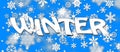 WINTER lettering in christmas design with white snow flakes and ice stars on bright blue background Royalty Free Stock Photo