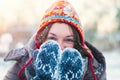 Winter Lifestyle Concept - Young Woman playing with Snow Outdoor Royalty Free Stock Photo