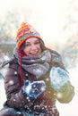 Winter Lifestyle Concept - Young Woman playing with Snow Outdoor Royalty Free Stock Photo