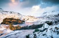 Winter light across a Lake District tarn with dramatic winter snow sky and clouds