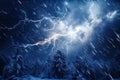 Winter Lightning Storm in Snow-Covered Forest. Royalty Free Stock Photo