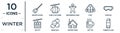 winter linear icon set. includes thin line winter shovel, gingerbread man, goggles, snow ball, hot tea, themos flask, ski lift