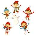 Winter Little girl snowman, Christmas boy snow