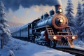 Winter locomotion 3D digital painting of a steam locomotive in snow covered forest
