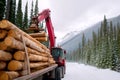 Winter logging in mountain pine forest with heavy machinery Royalty Free Stock Photo