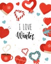 Winter love. I love winter card, sticker, icons with lettering and flat vector icon, isolated on white. Concept