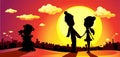 Winter love - lovers silhouette in sunset vector