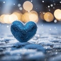 Winter love symbol Blue heart on snow with bokeh background Royalty Free Stock Photo