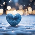 Winter love symbol Blue heart on snow with bokeh background Royalty Free Stock Photo