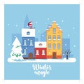 Winter Magic Cityscape. The city in winter holidays. Urban landscape. Vector flat illustration.