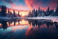 Winter Magic. Enchanting Snow-Covered Trees, Frozen Lake, and Breathtaking Sunset Splendor