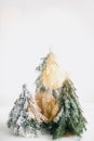 Winter magic forest, festive modern decor. Christmas little trees and golden lights bokeh on white background. Copy space. Royalty Free Stock Photo