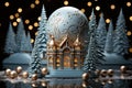 Winter magic illustration with house, fir-trees and balls in blue colours. Christmas postcard Royalty Free Stock Photo