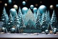 Winter magic illustration with house, fir-trees and balls in blue colours. Christmas postcard Royalty Free Stock Photo
