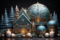 Winter magic illustration with house, fir-trees and balls in blue colours. Christmas postcard Royalty Free Stock Photo