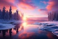 Winter Magic. Snowy Trees, Frozen Lake, and Colorful Sunset Painting a Serene Landscape